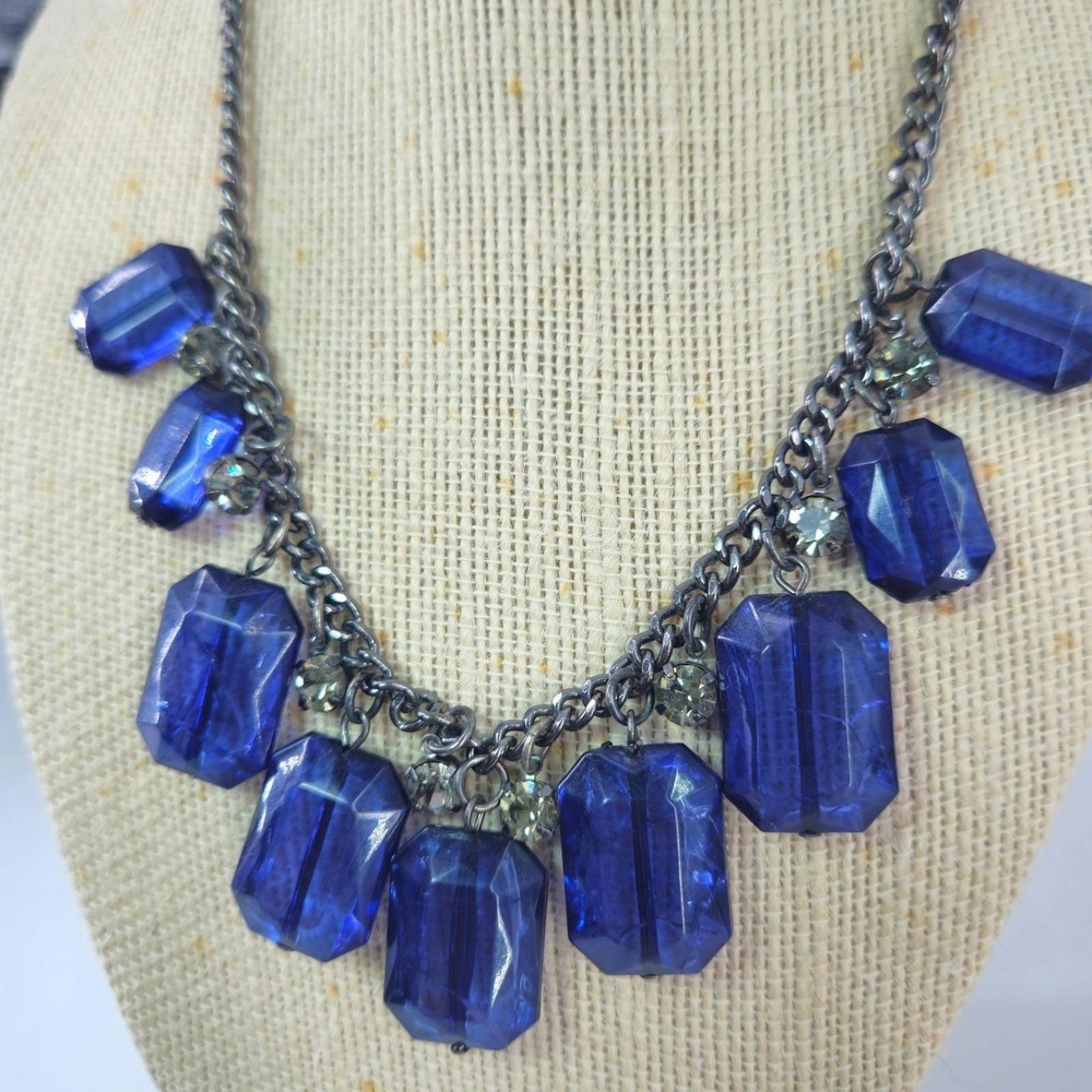 Kenneth Cole Blue Emerald Cut Statement Grey Rhinestones Costume Bib Necklace